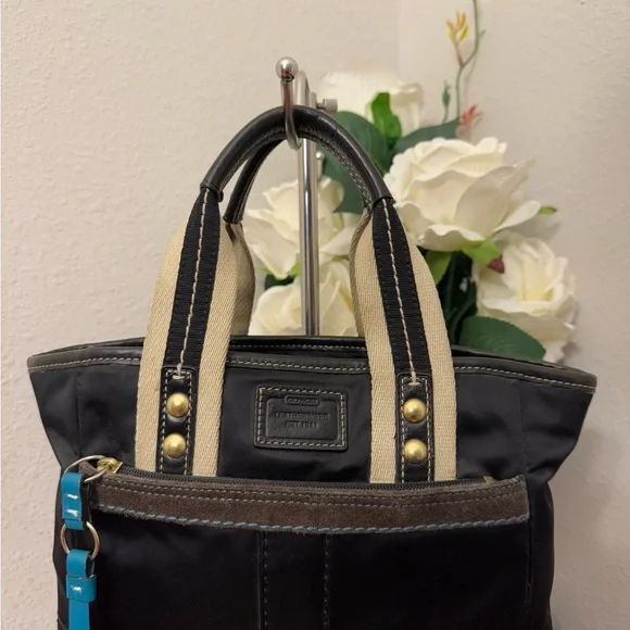 Coach Small Bag = Black Satin with blue tags - Picture 8 of 13